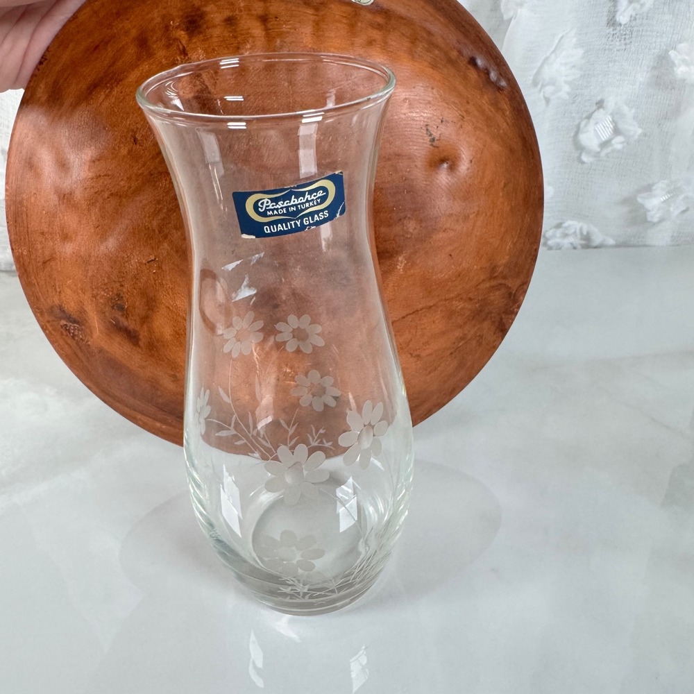 Pasabahce Small Vintage Floral Etched Clear Glass Vase Daisy Made in Turkey